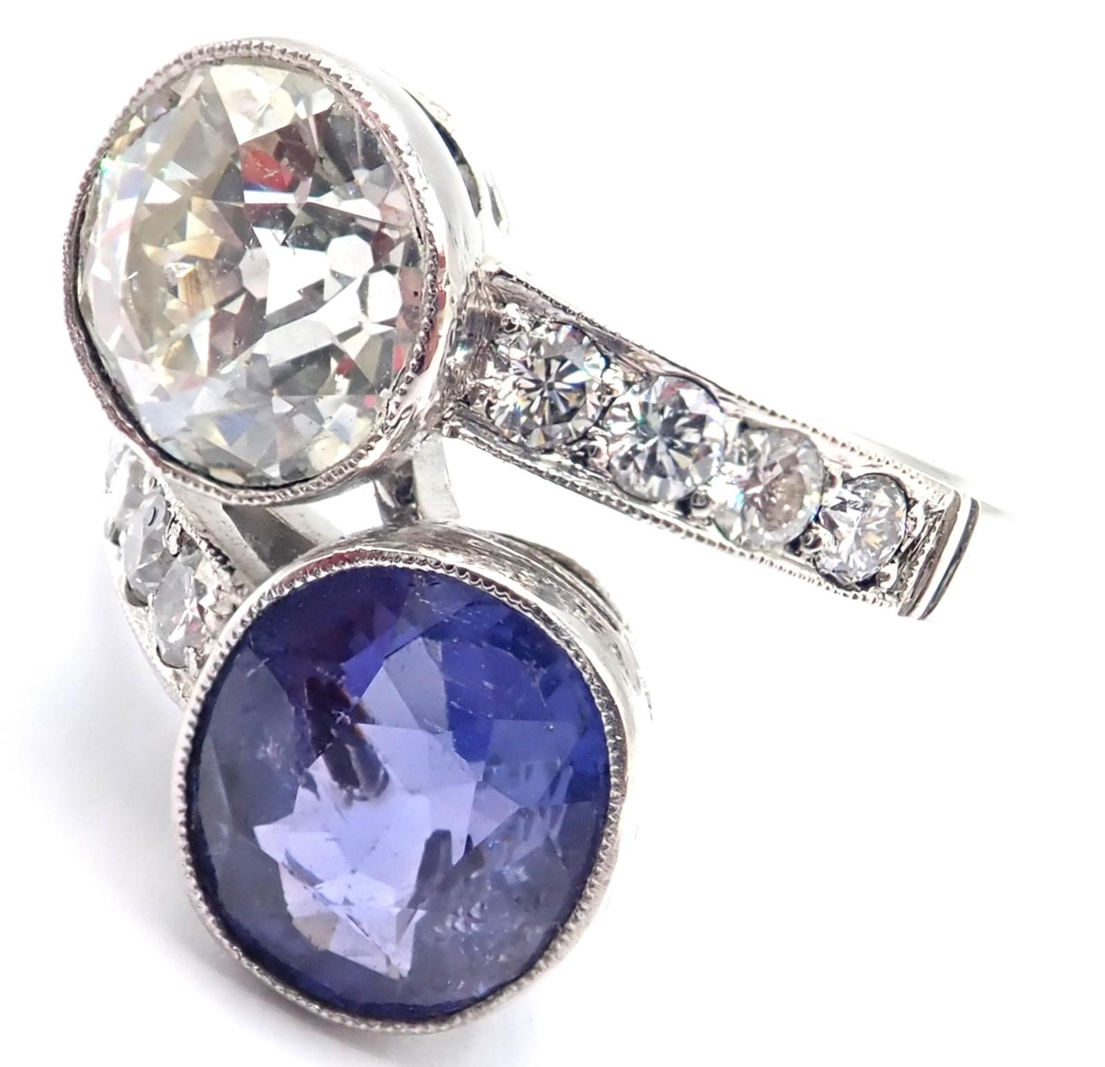 Vintage Estate Diamond Sapphire Art Deco Crossover Platinum Ring Corte europeo antiguo en venta