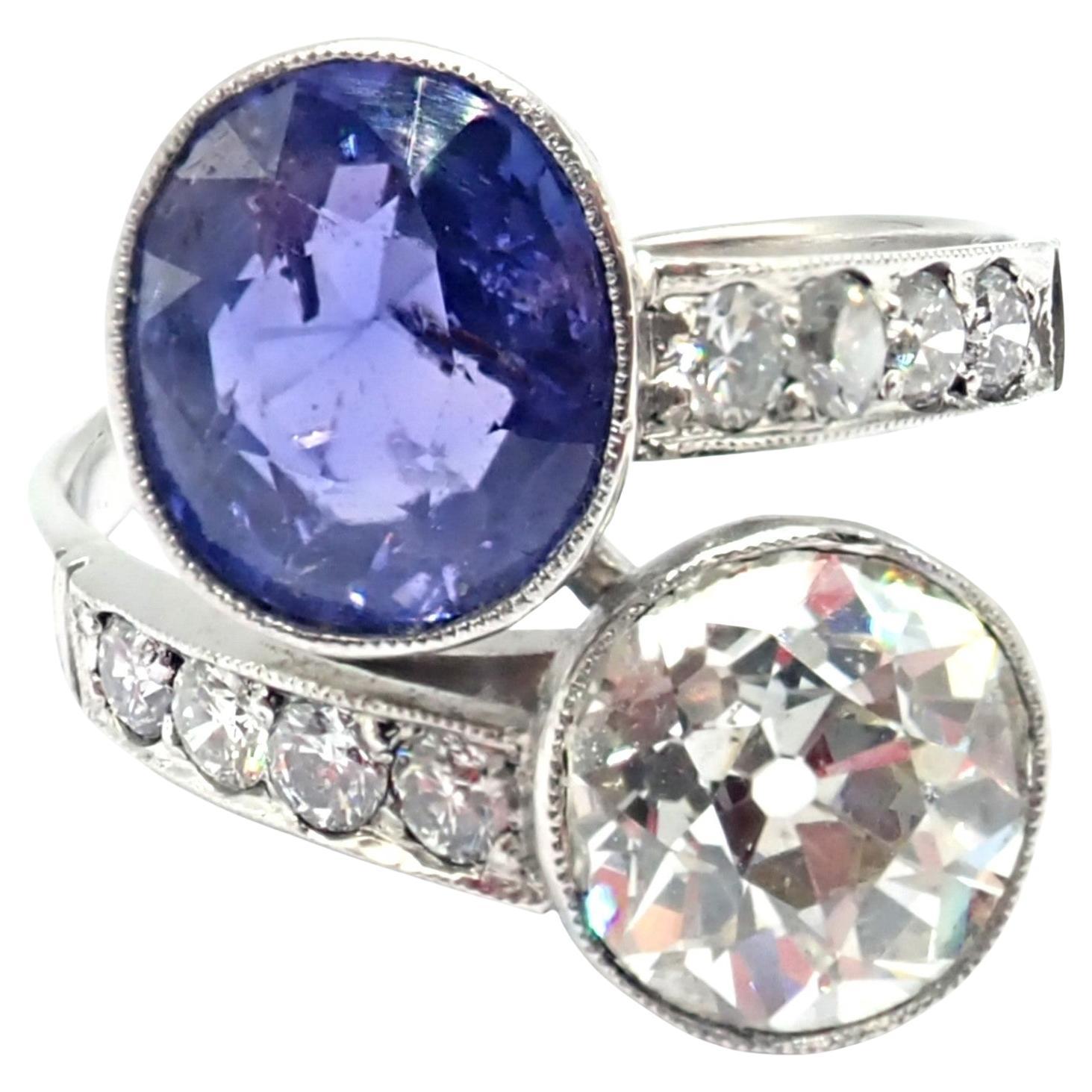 Vintage Estate Diamond Sapphire Art Deco Crossover Platinum Ring