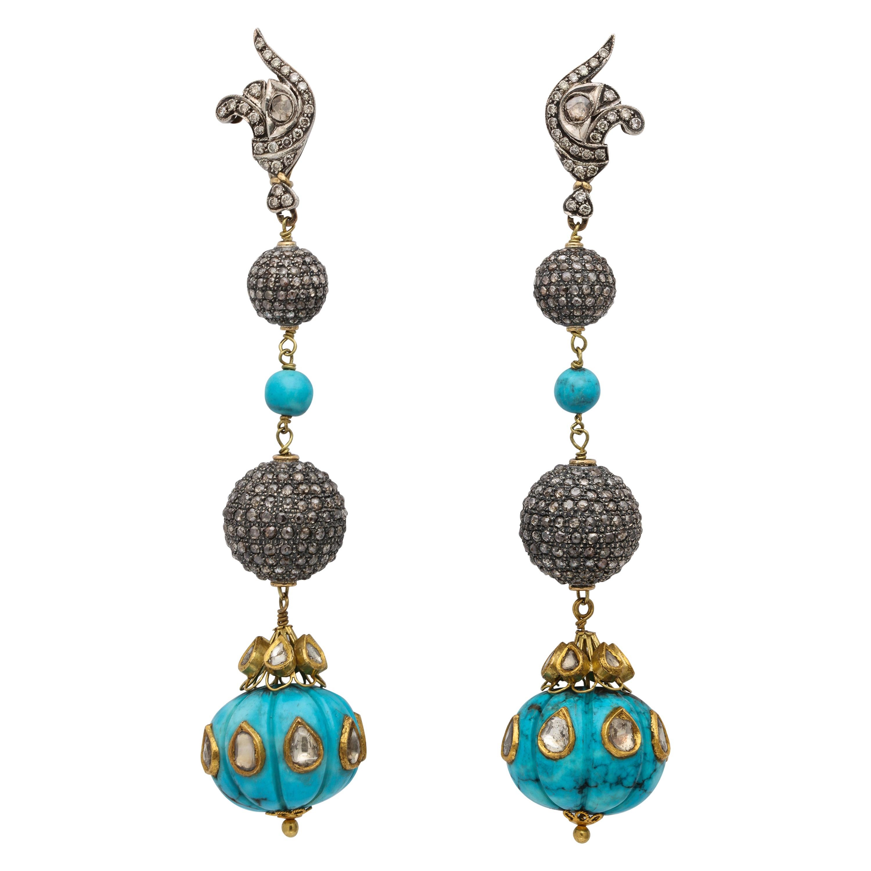 Vintage Estate Drop Turquoise Earrings with Rose Cut Diamonds