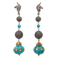 Vintage Estate Drop Turquoise Earrings with Rose Cut Diamonds