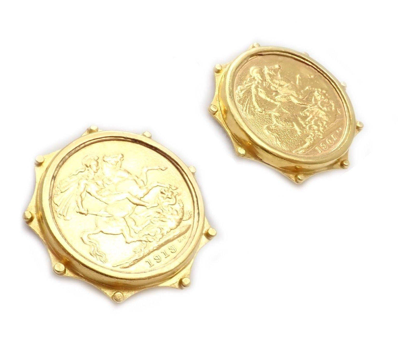 Vintage Estate EL British Sovereign Coin Yellow Gold Large Earrings In New Condition In Holland, PA