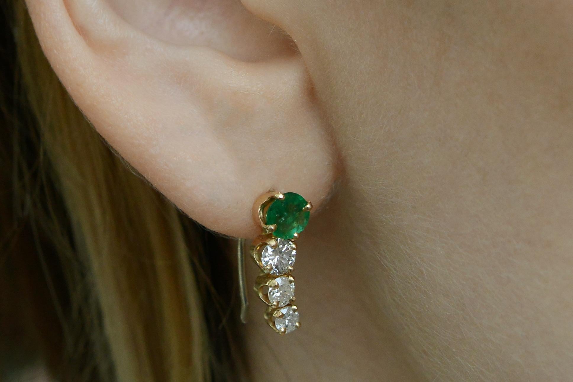 Retro Vintage Estate Emerald & Diamond Contoured Drop Earrings