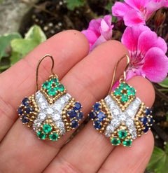 Vintage Estate Emerald G/VS 3.80 Carat Diamond Sapphire Dangle Pendant Earrings