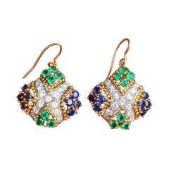 Vintage Estate Emerald G/VS 3.80 Carat Diamond Sapphire Dangle Pendant Earrings