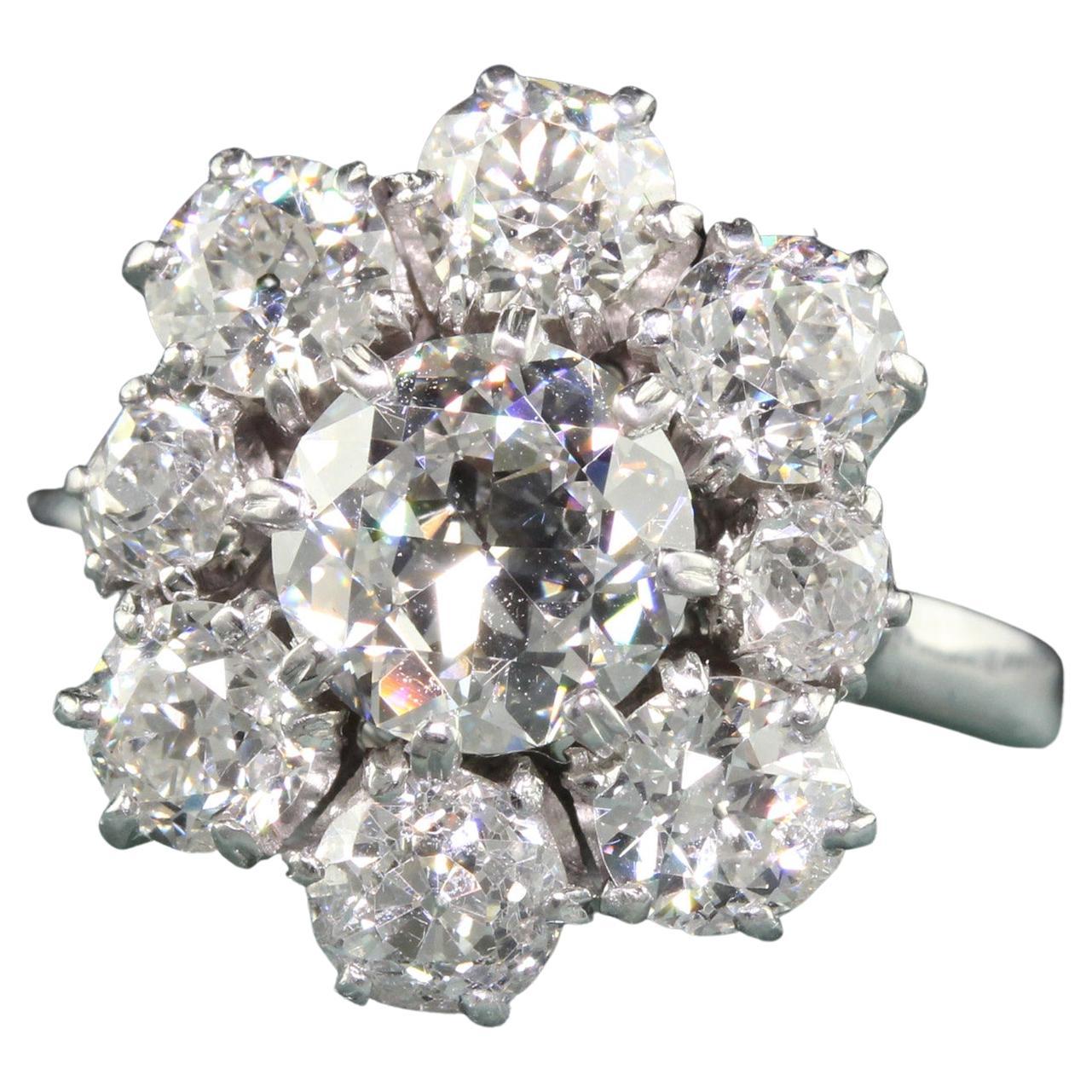 Vintage Estate French 18k White Gold Old Cut Diamond Engagement Ring, GIA
