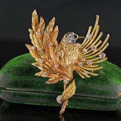 Vintage Estate French 18K Yellow Gold Old Cut Diamond Bird of Paradise Pin