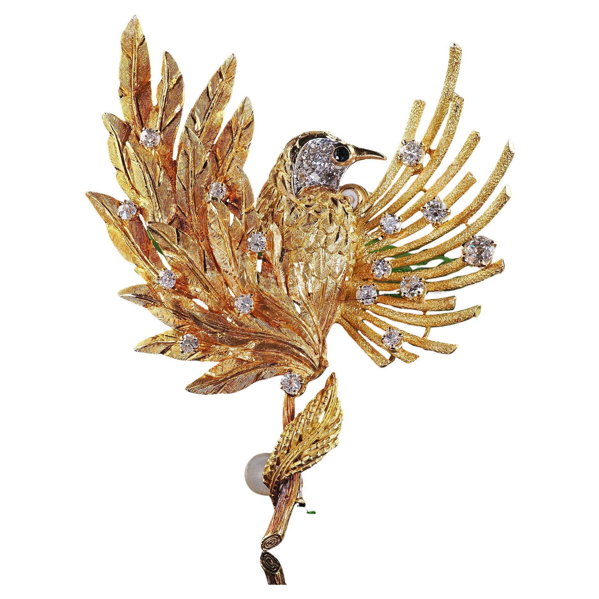 Vintage Estate Französisch 18K Gelbgold Old Cut Diamond Bird of Paradise Pin