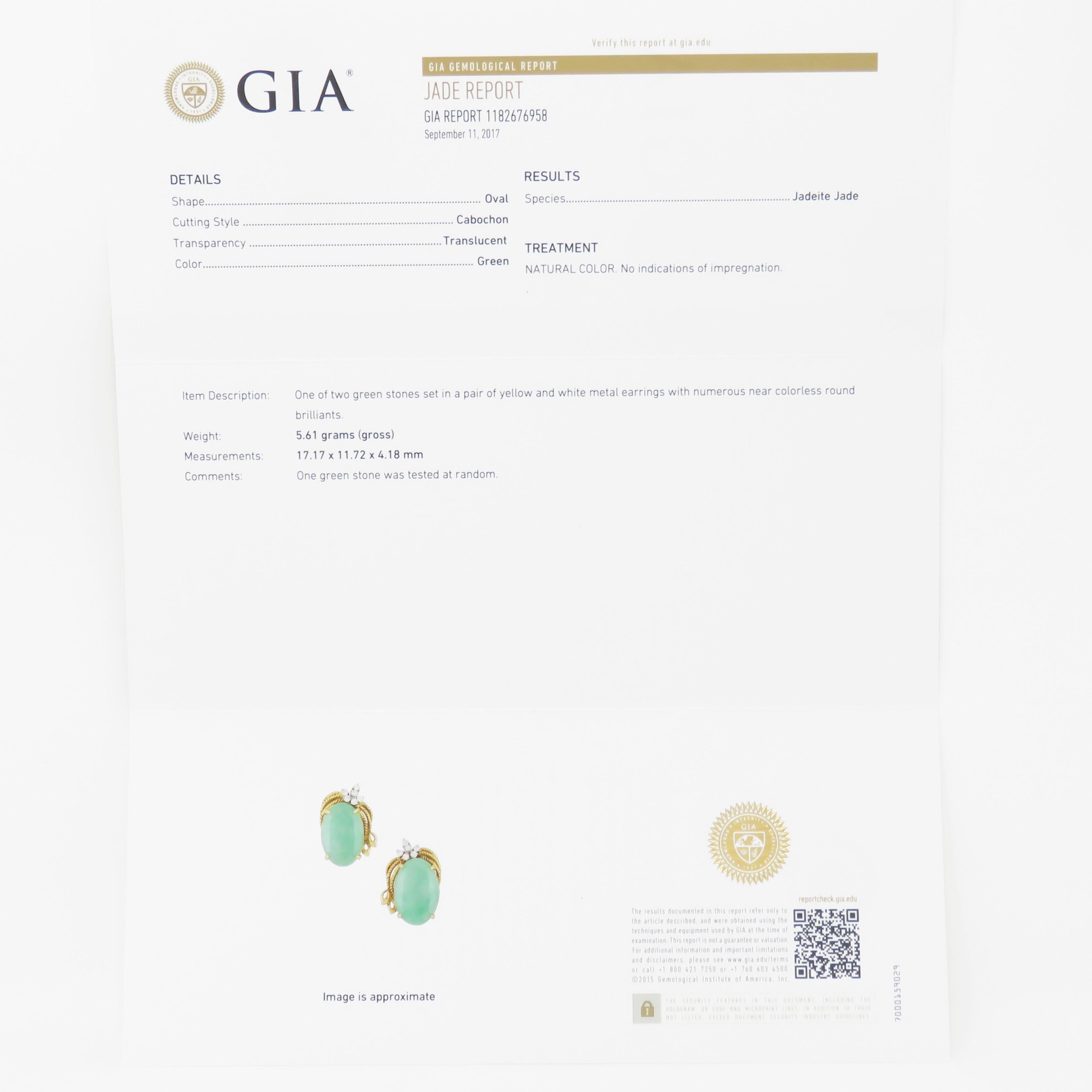 Women's Vintage Estate GIA Certified Jade G/VS Diamond Large Stud Earrings For Sale