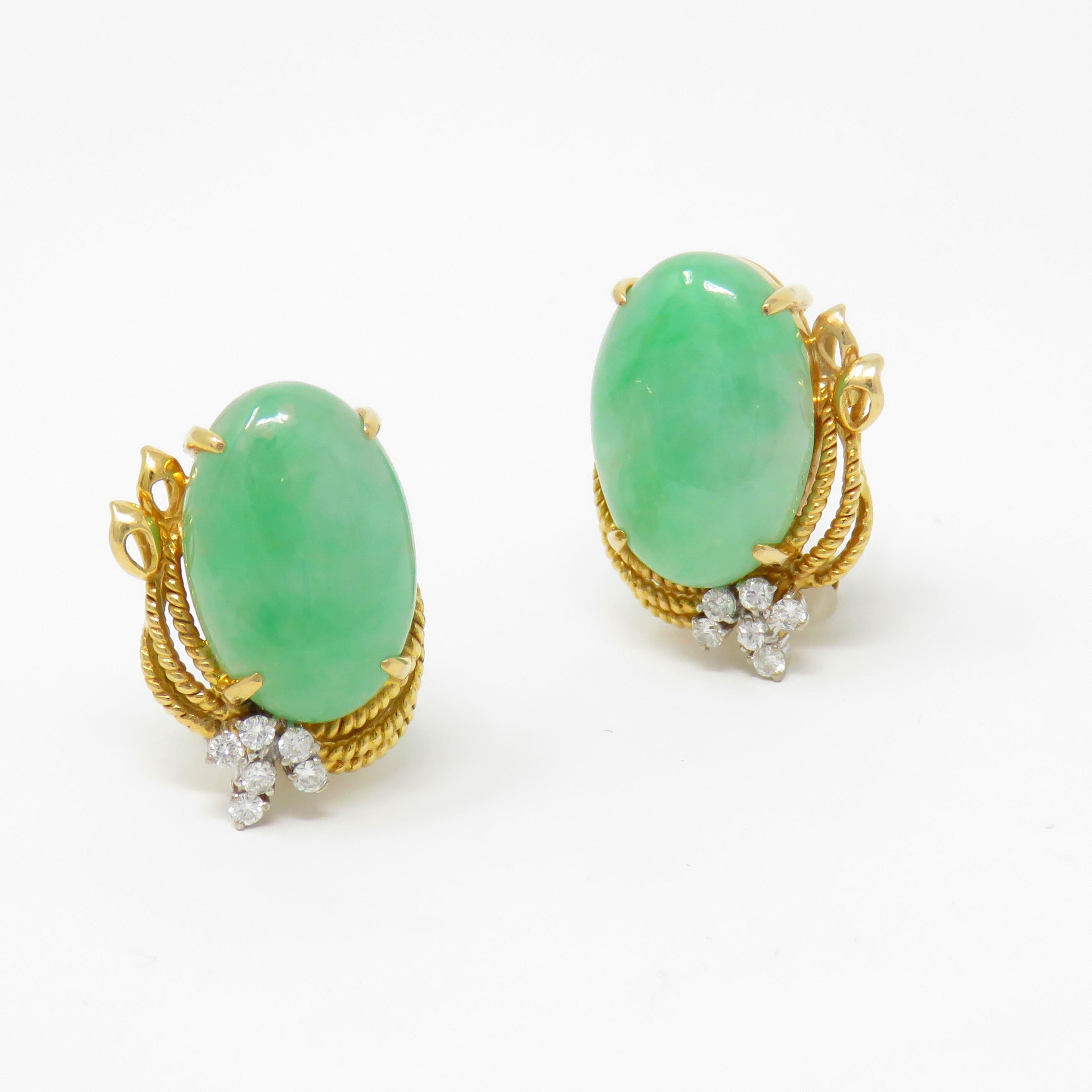 Vintage Estate GIA Certified Jade G/VS Diamond Large Stud Earrings For Sale 1