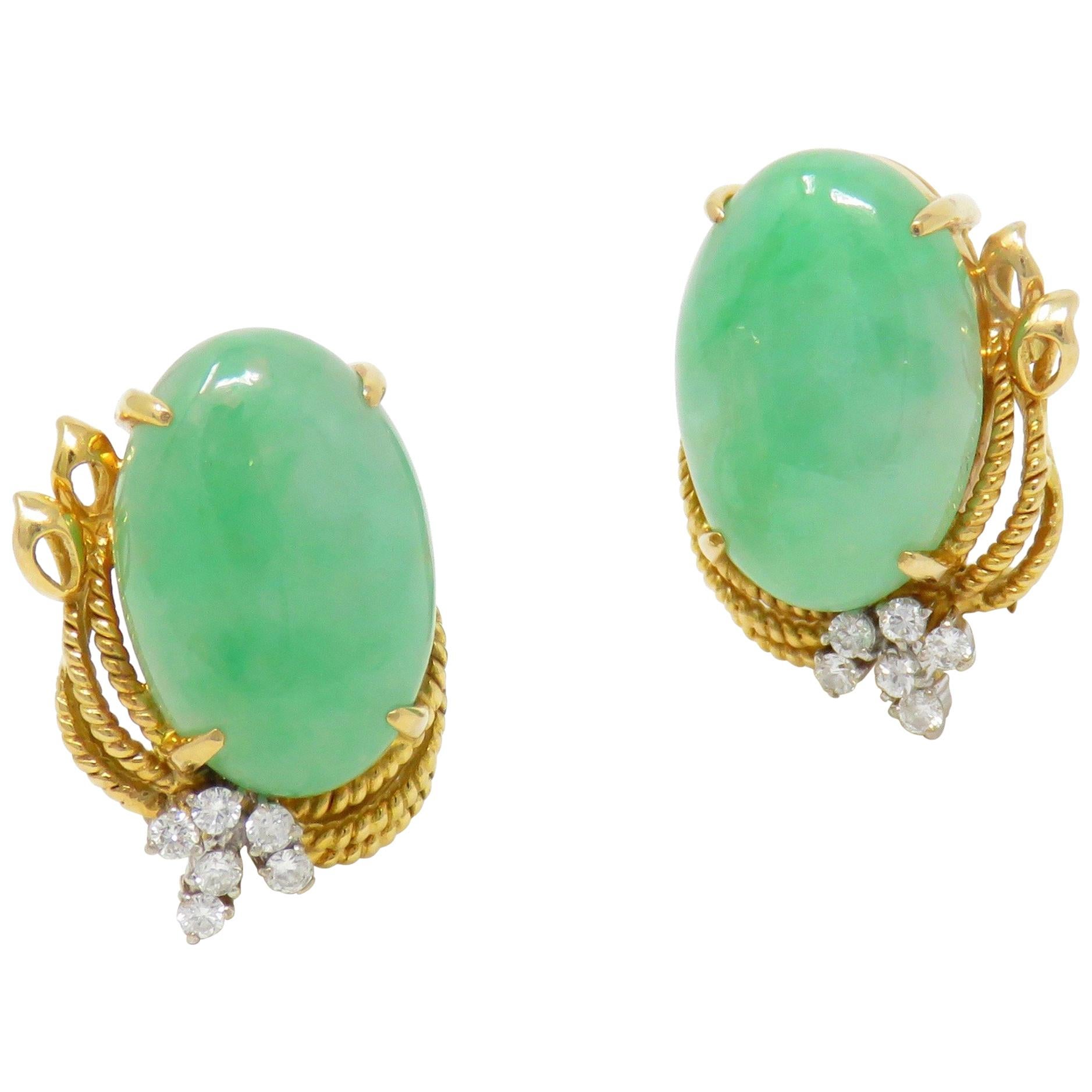 Vintage Estate GIA Certified Jade G/VS Diamond Large Stud Earrings For Sale