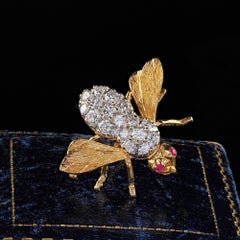 Vintage Estate Herbert Rosenthal 18K Yellow Gold Diamond and Ruby Bee Pin