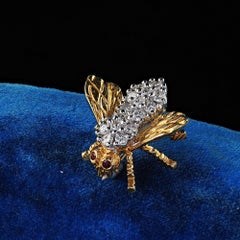 Vintage Estate Herbert Rosenthal 18K Yellow Gold Diamond and Ruby Bee Pin