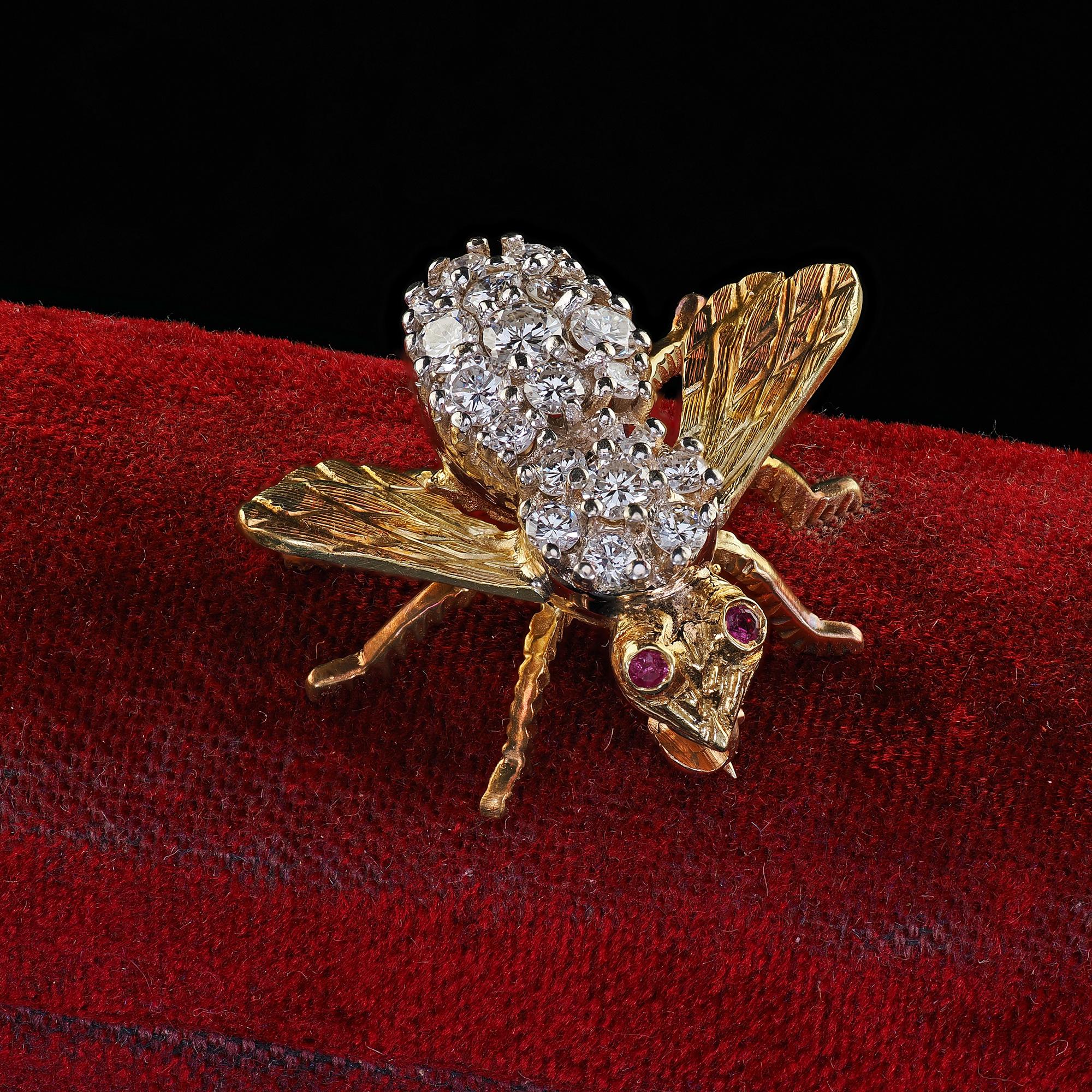Beautiful Vintage Estate Herbert Rosenthal 18K Yellow Gold Diamond Bee Pin. This beautiful Herbert Rosenthal diamond bee pin is crafted in 18k yellow gold. This beautiful pin features diamonds set throughout the body of the bee with natural rubies
