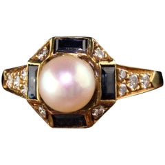 Retro Estate Honora 18 Karat Yellow Gold Diamond Sapphire and Pearl Ring