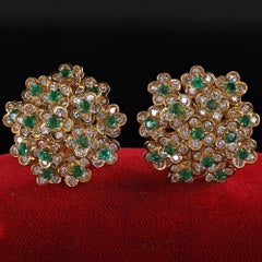 Vintage Estate Italian 18K Yellow Gold Diamond and Emerald Floral Clip Earrings