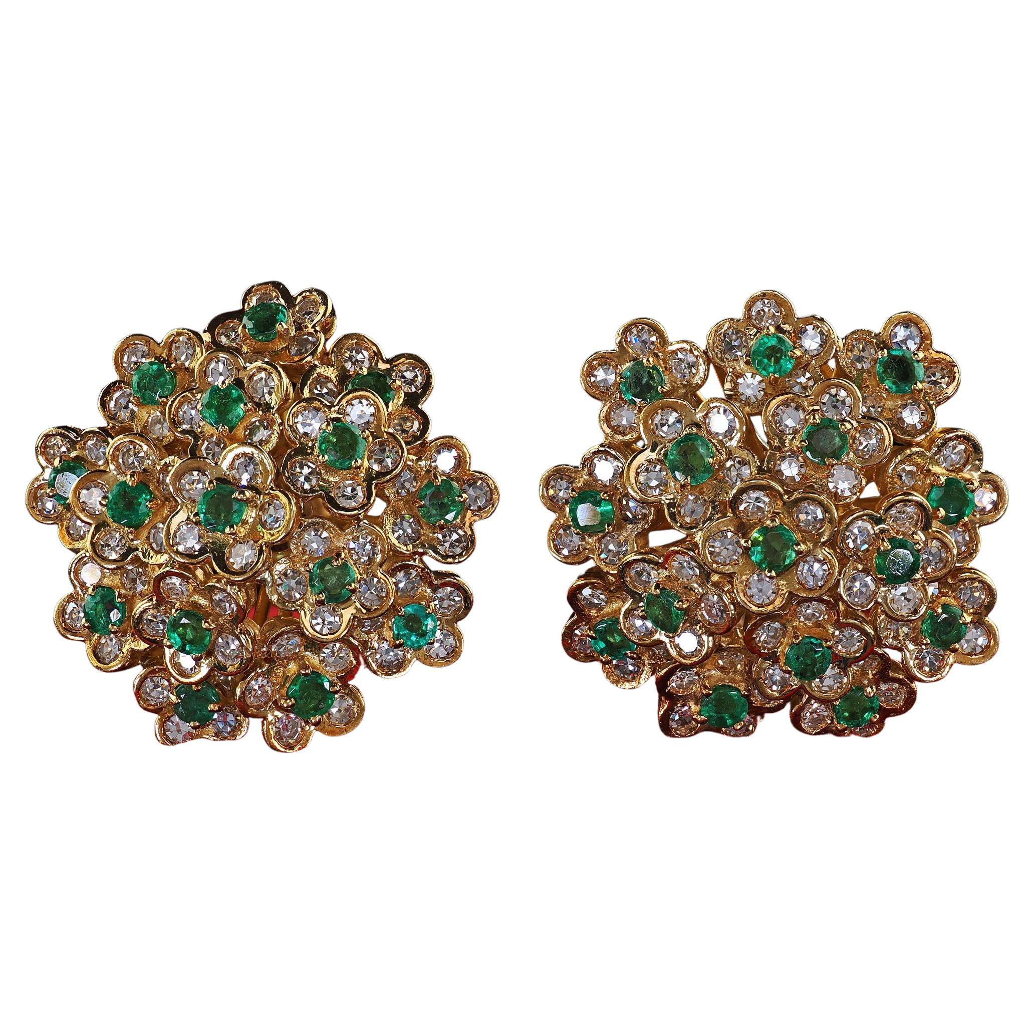 Vintage Estate Italian 18K Yellow Gold Diamond and Emerald Floral Clip Earrings