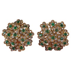Pendientes vintage de oro amarillo de 18 quilates con diamantes y esmeralda en forma de flor