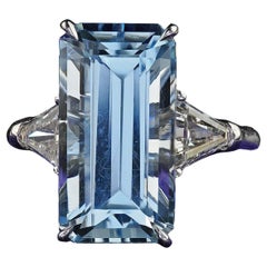 Vintage Estate Platinum Aquamarine and Diamond Three Stone Ring - GIA