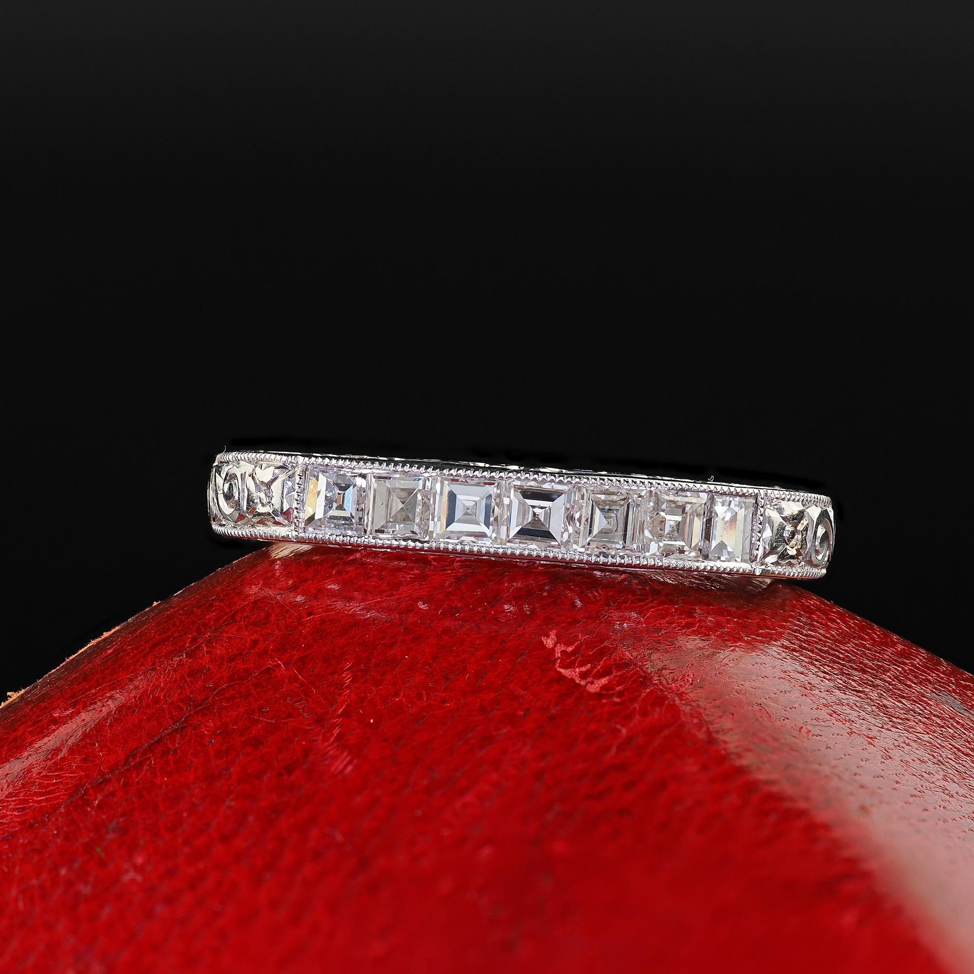 Beautiful Vintage Estate Platinum Carre Cut Diamond Engraved Wedding Band - Size 6 1/4. This gorgeous vintage estate Carre cut diamond band is crafted in platinum. This ring features gorgeous Carre cut diamonds that are set on top of the ring. The