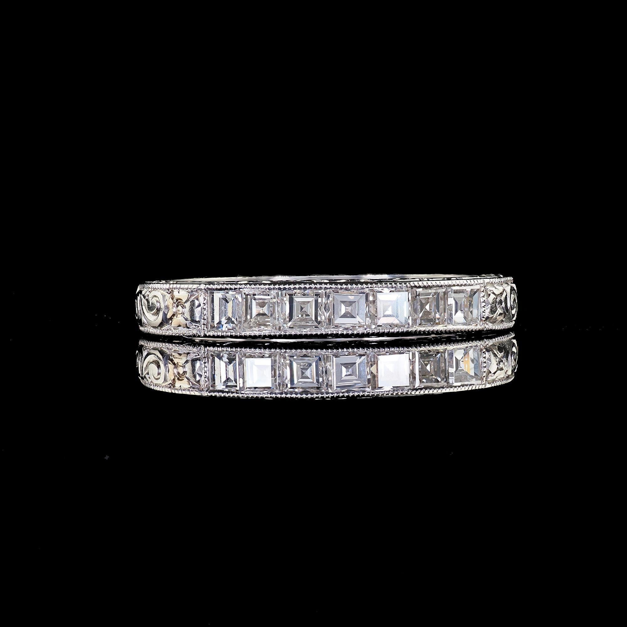 Vintage Estate Platinum Carre Cut Diamond Engraved Wedding Band - Size 6 1/4 For Sale 1