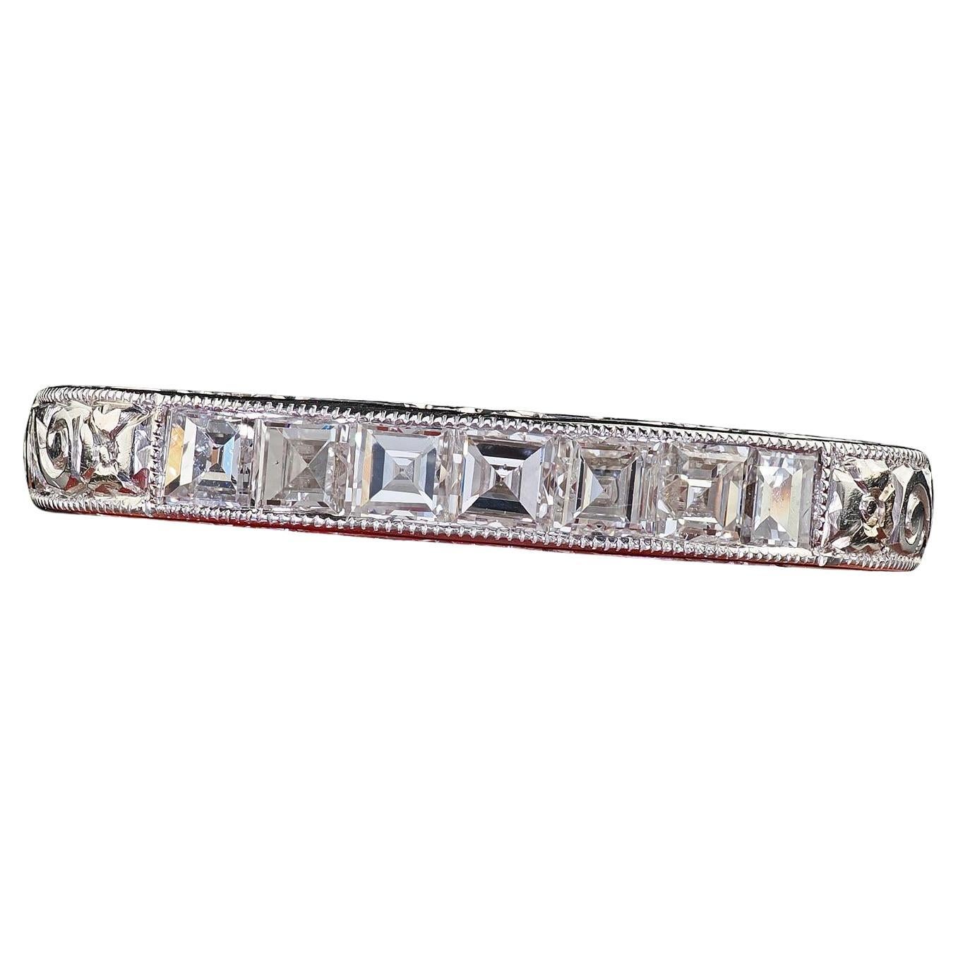 Vintage Estate Platinum Carre Cut Diamond Engraved Wedding Band - Size 6 1/4 For Sale