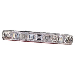 Vintage Estate Platinum Carre Cut Diamond Engraved Wedding Band - Size 6 1/4