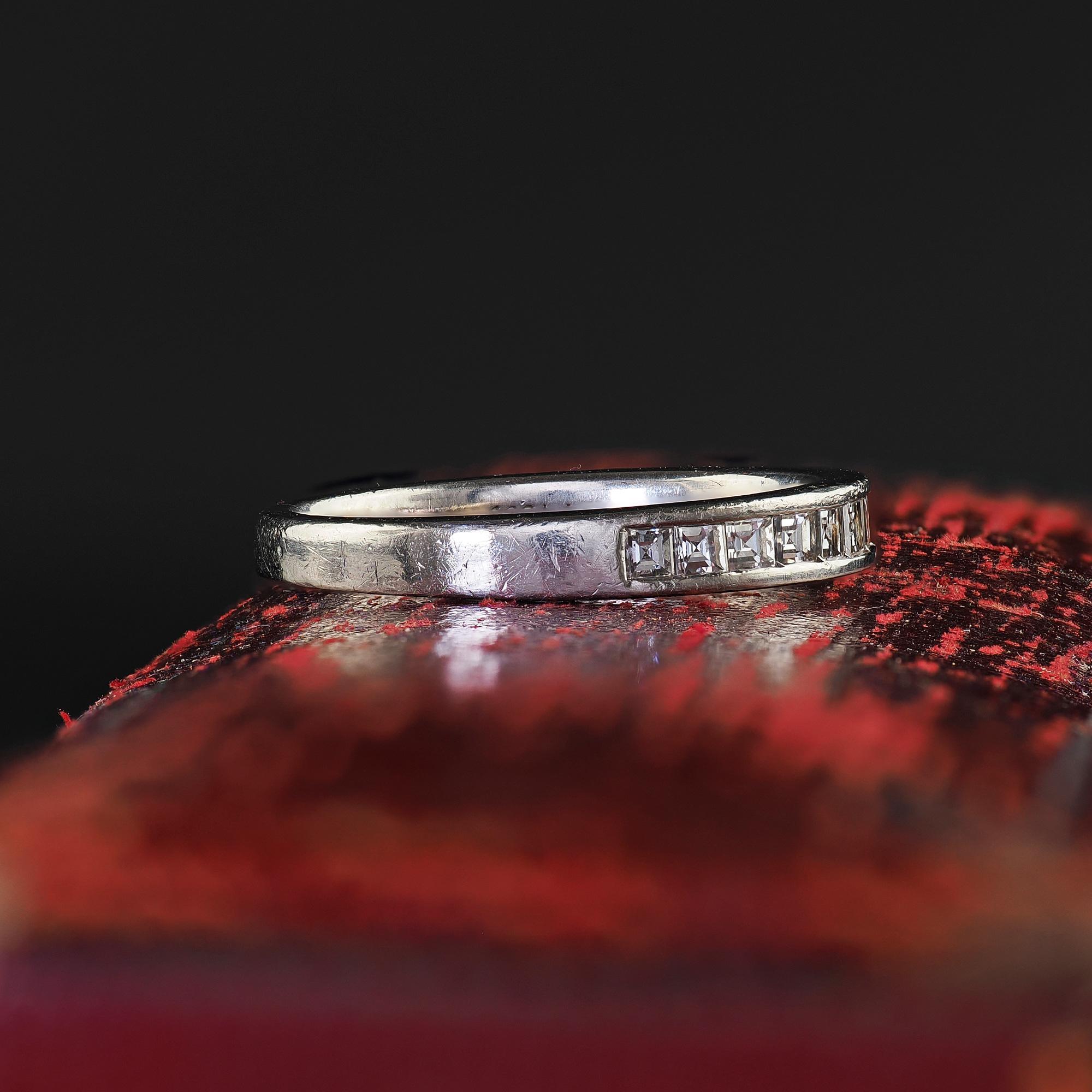 Square Cut Vintage Estate Platinum Carre Cut Diamond Half Eternity Band Ring - Size 5 1/2 For Sale