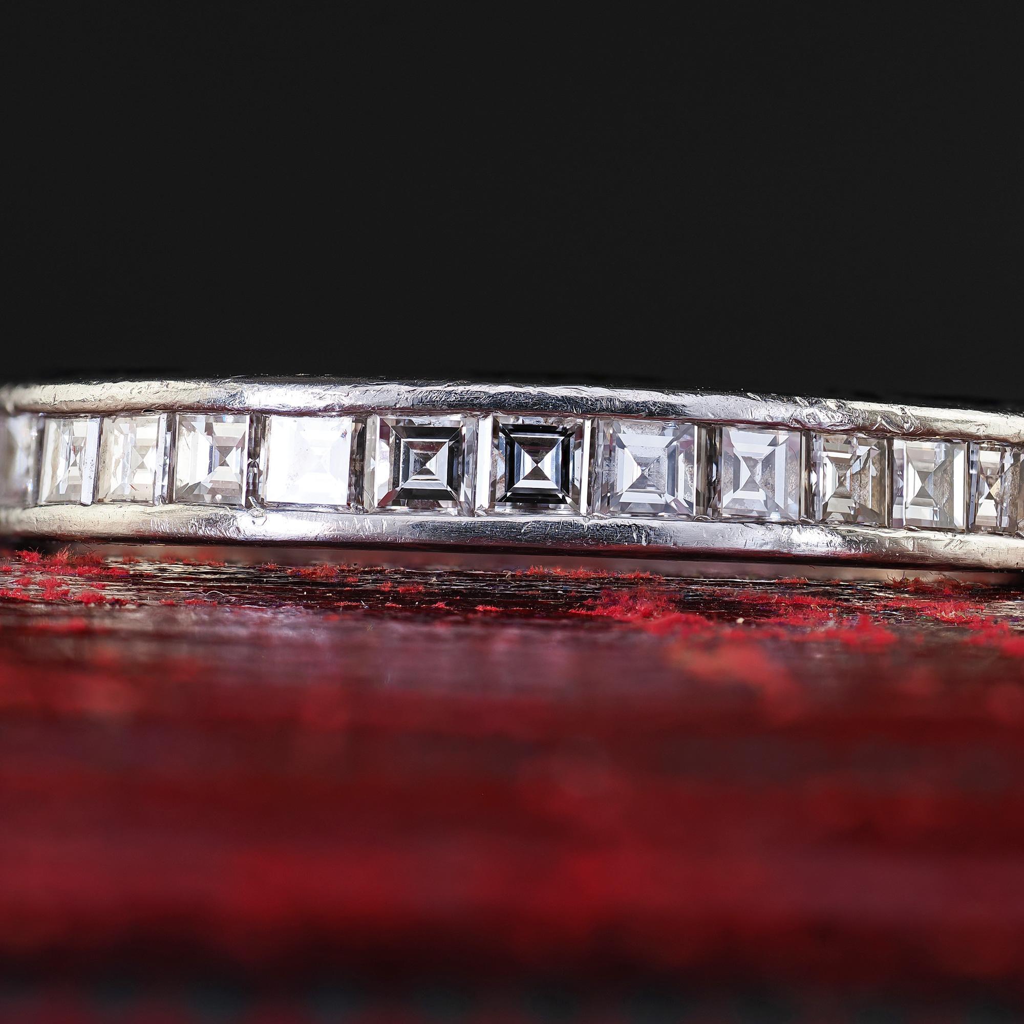 Women's Vintage Estate Platinum Carre Cut Diamond Half Eternity Band Ring - Size 5 1/2 For Sale