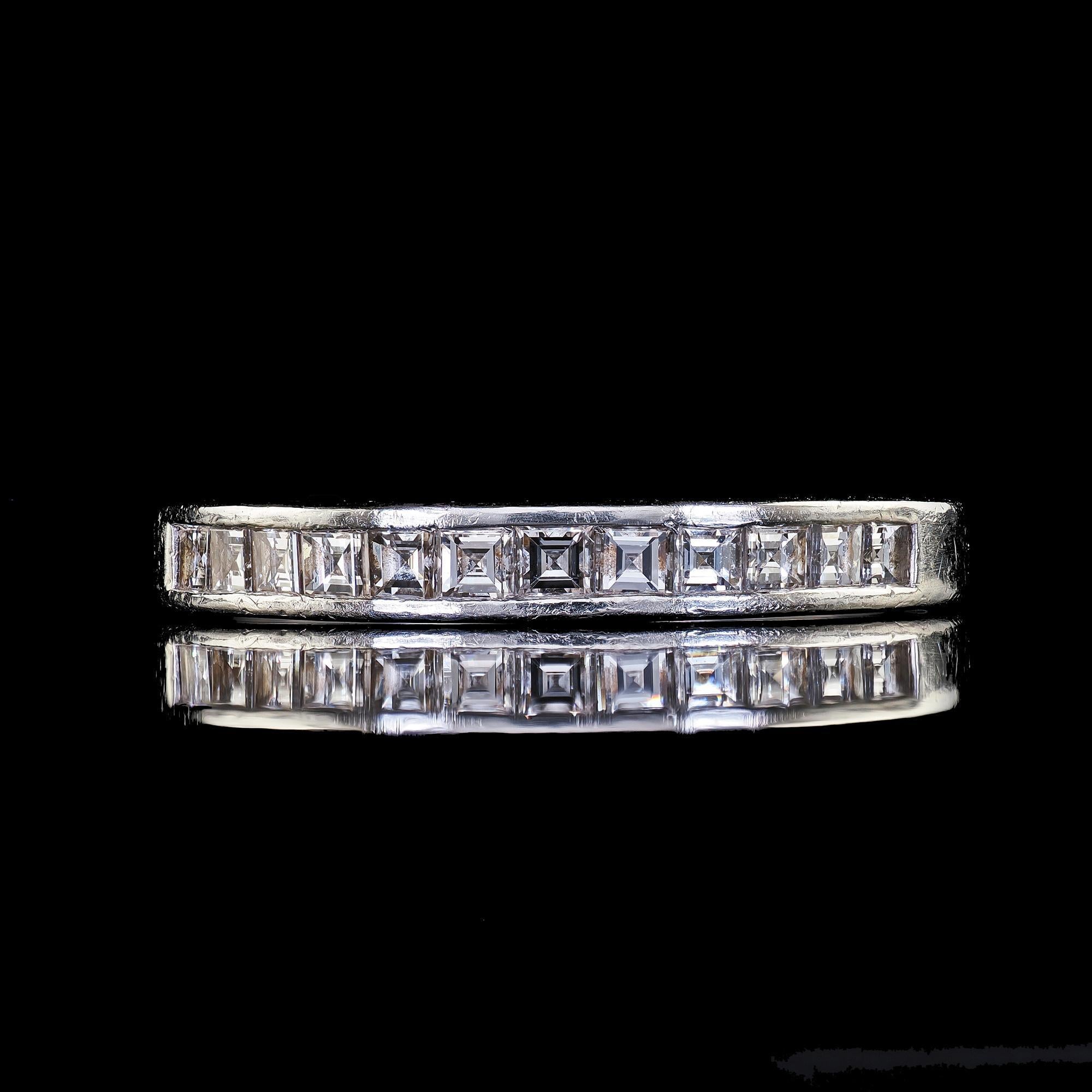 Vintage Estate Platinum Carre Cut Diamond Half Eternity Band Ring - Size 5 1/2 For Sale 1