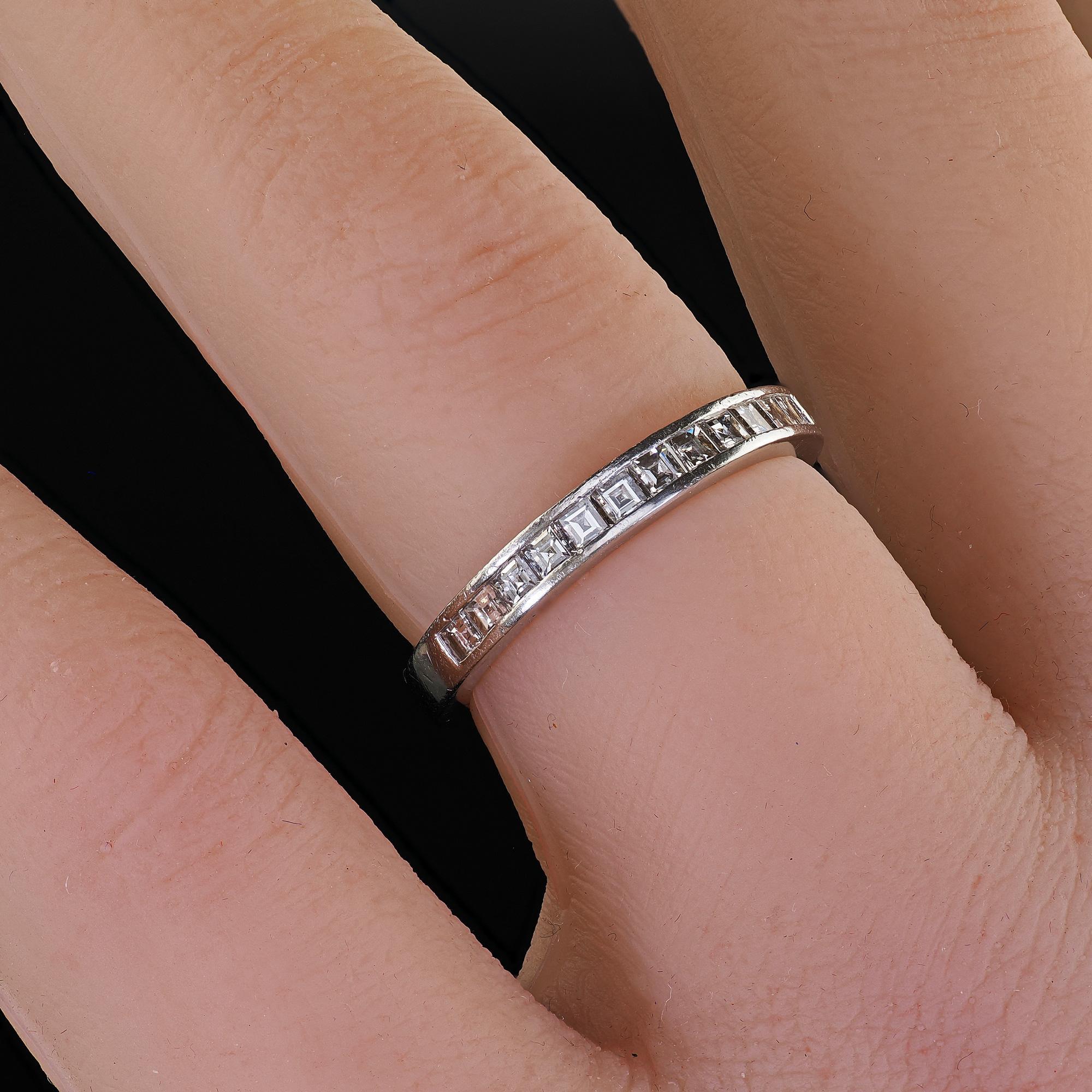 Vintage Estate Platinum Carre Cut Diamond Half Eternity Band Ring - Size 5 1/2 For Sale 3