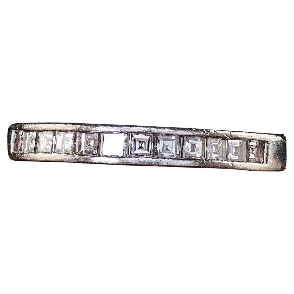 Vintage Estate Platinum Carre Cut Diamond Half Eternity Band Ring - Size 5 1/2 For Sale