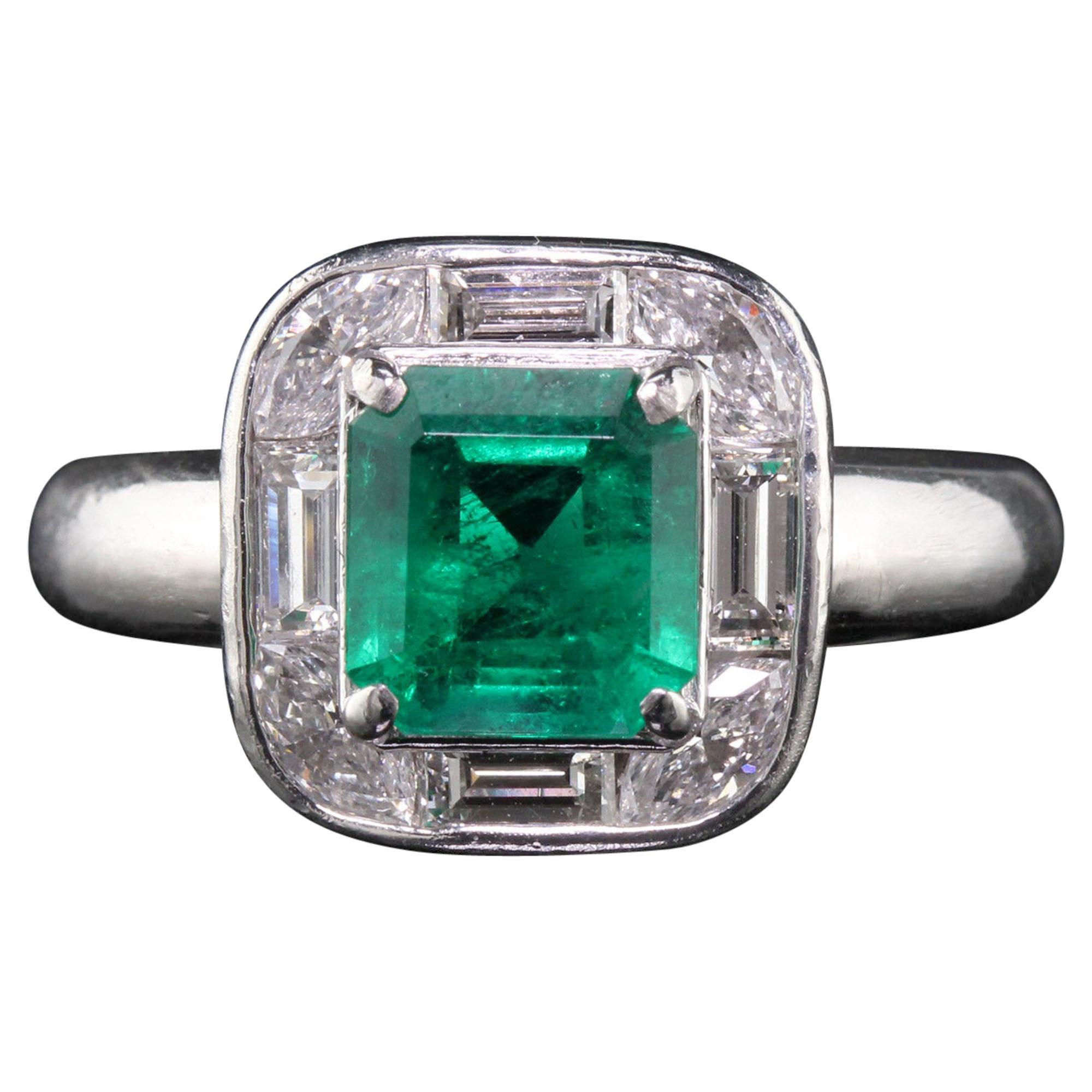 Vintage Estate Platinum Colombian Emerald and Diamond Ring, GIA Certified