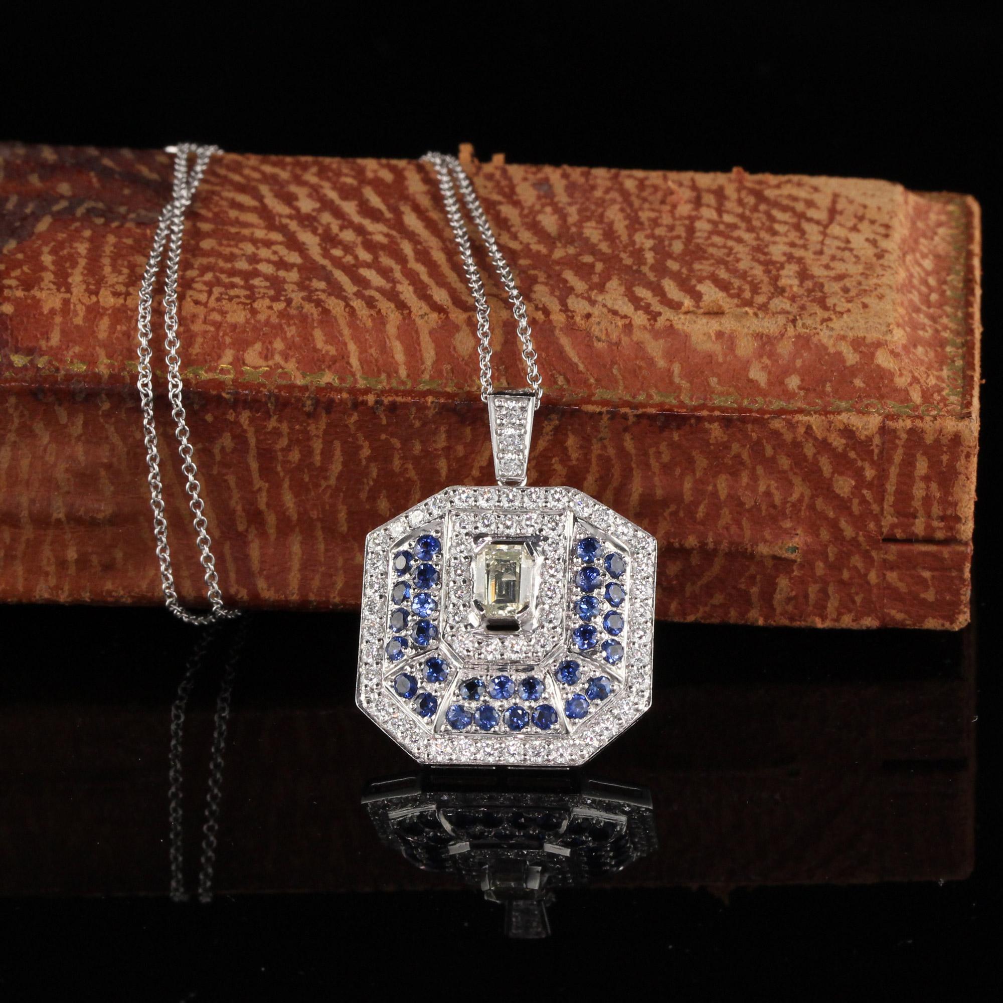 Beautiful Diamond and Sapphire pendant with a 0.65 CT Emerald Cut Diamond on the center of the pendant.

Metal: Platinum

Weight: 10.1 Grams

Total Diamond Weight: Approximately 1.80 CTS

Center Diamond Weight: Approximately 0.65 CTS

Center Diamond