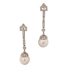 Vintage Estate Platinum, Diamond and South Sea Pearl Art Deco Style Earrings