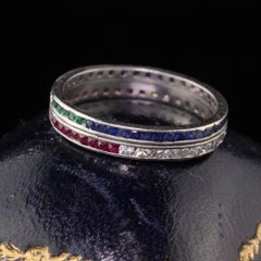Vintage Estate Platinum Diamond, Emerald, Ruby and Sapphire Eternity Band