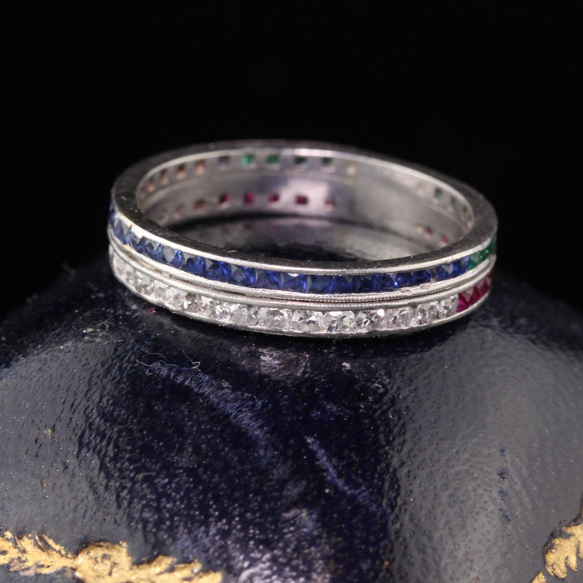 Vintage Estate Platinum Diamond, Emerald, Ruby and Sapphire Eternity Band In Good Condition In Great Neck, NY