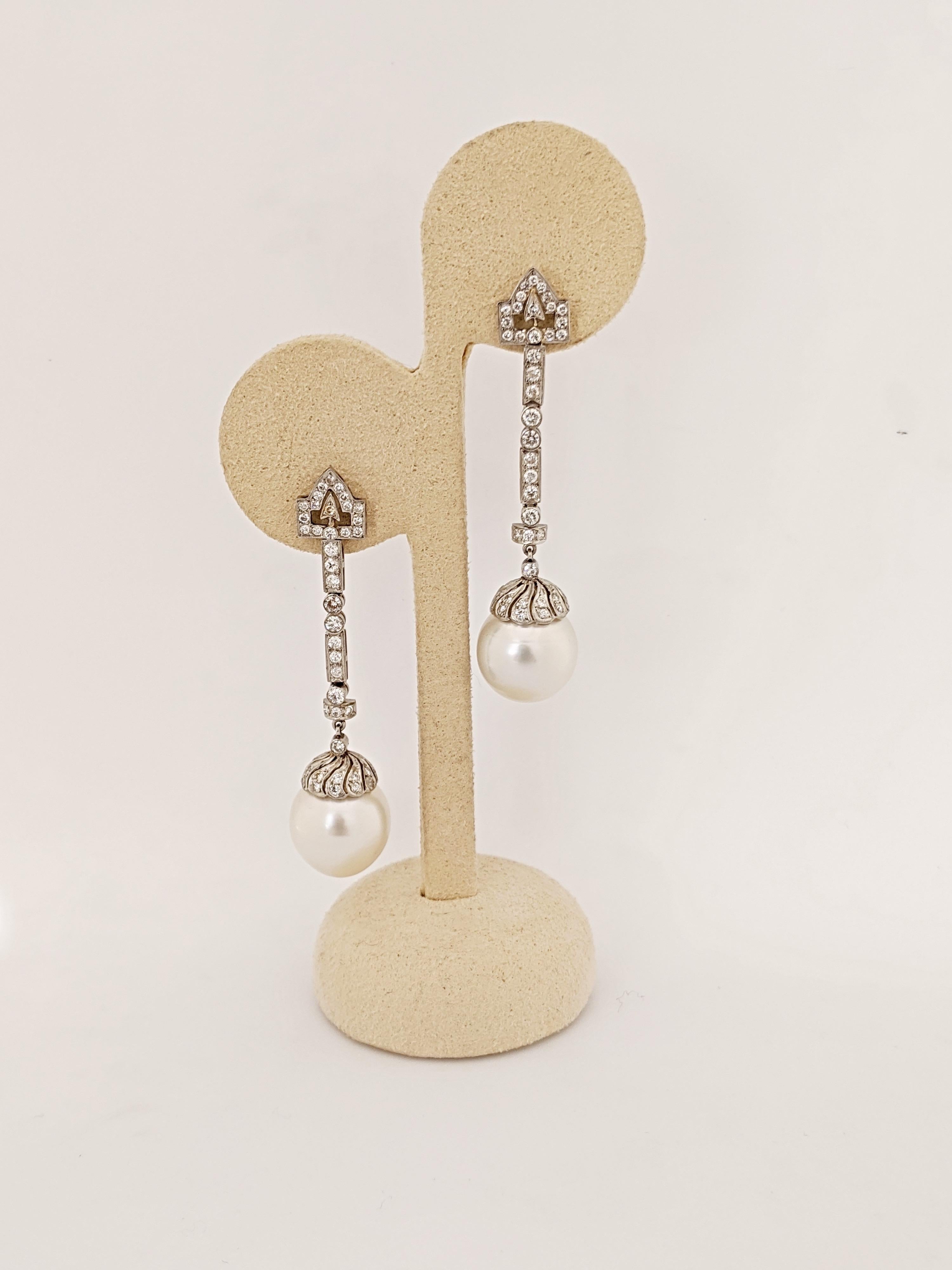 Vintage Estate Platinum, Diamond and South Sea Pearl Art Deco Style Earrings For Sale 1