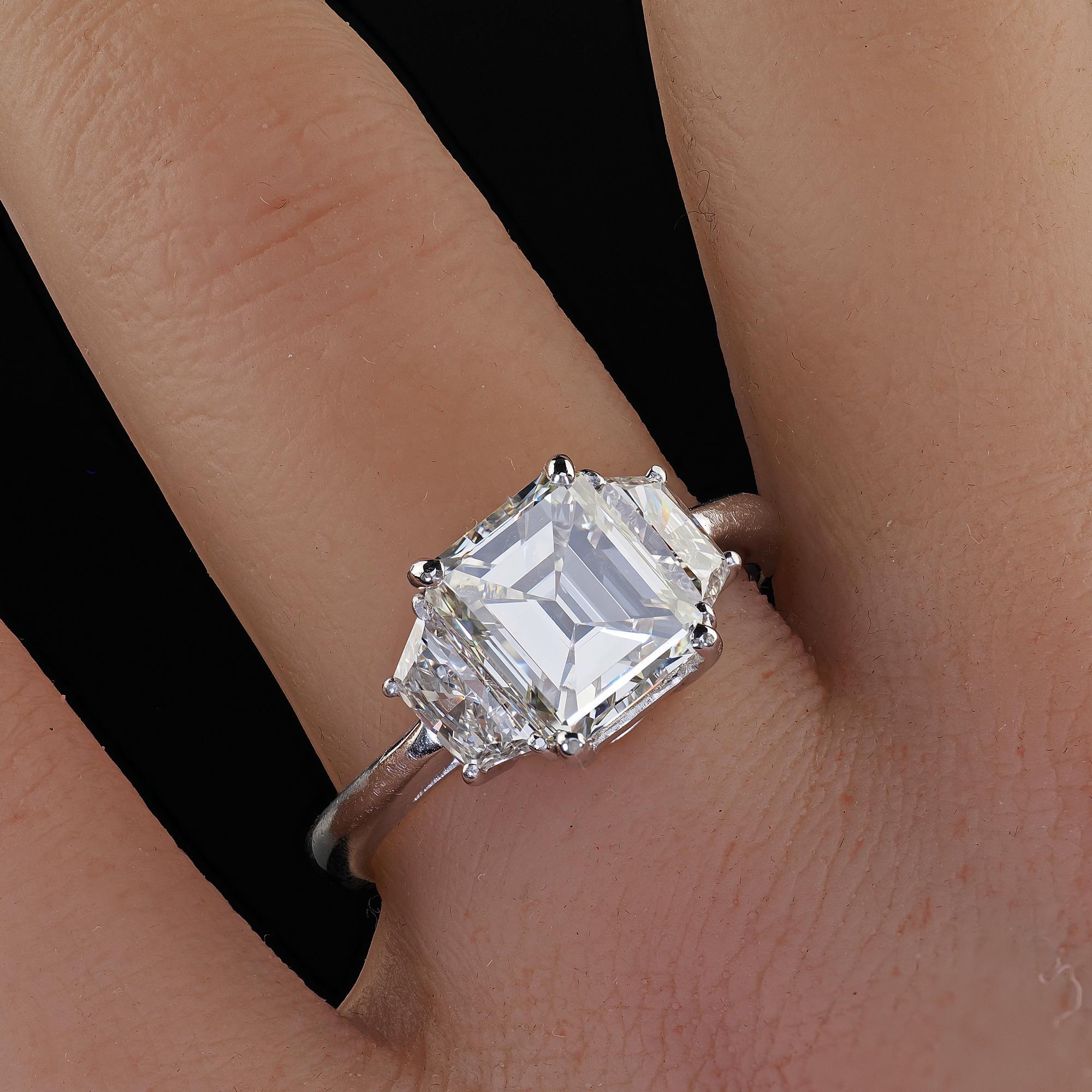 Vintage Estate Platinum Emerald Cut Diamond Three Stone Engagement Ring - GIA 5