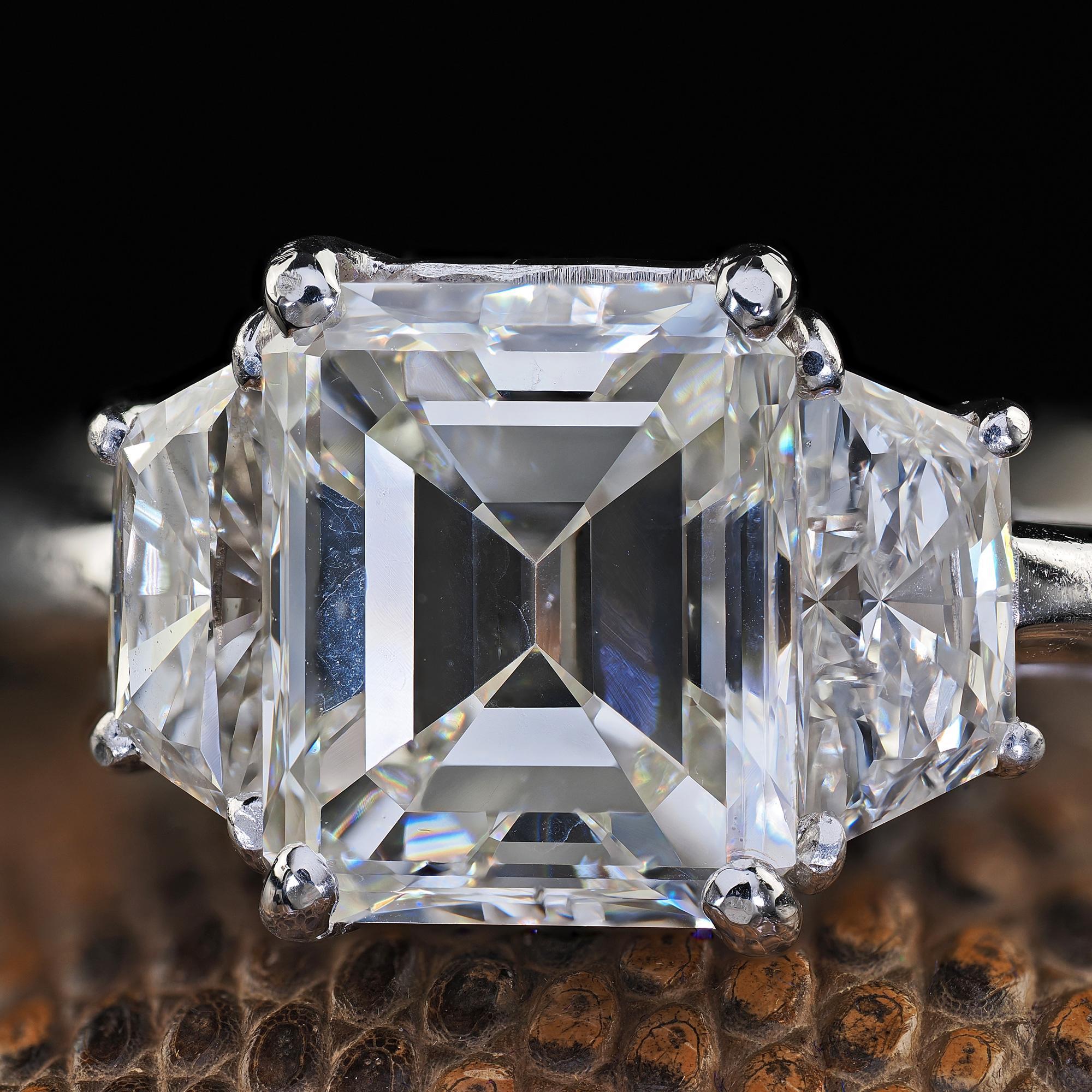 Vintage Estate Platinum Emerald Cut Diamond Three Stone Engagement Ring - GIA 1