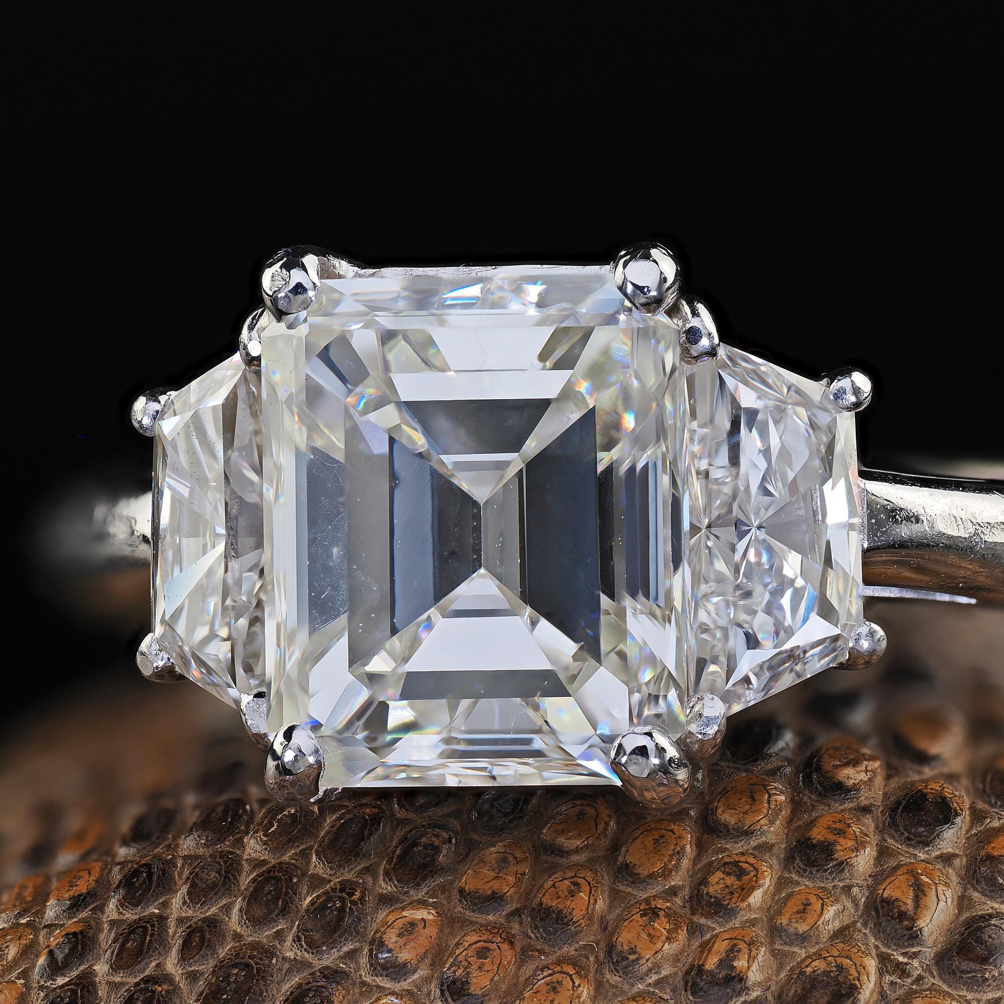 Vintage Estate Platinum Emerald Cut Diamond Three Stone Engagement Ring - GIA 2