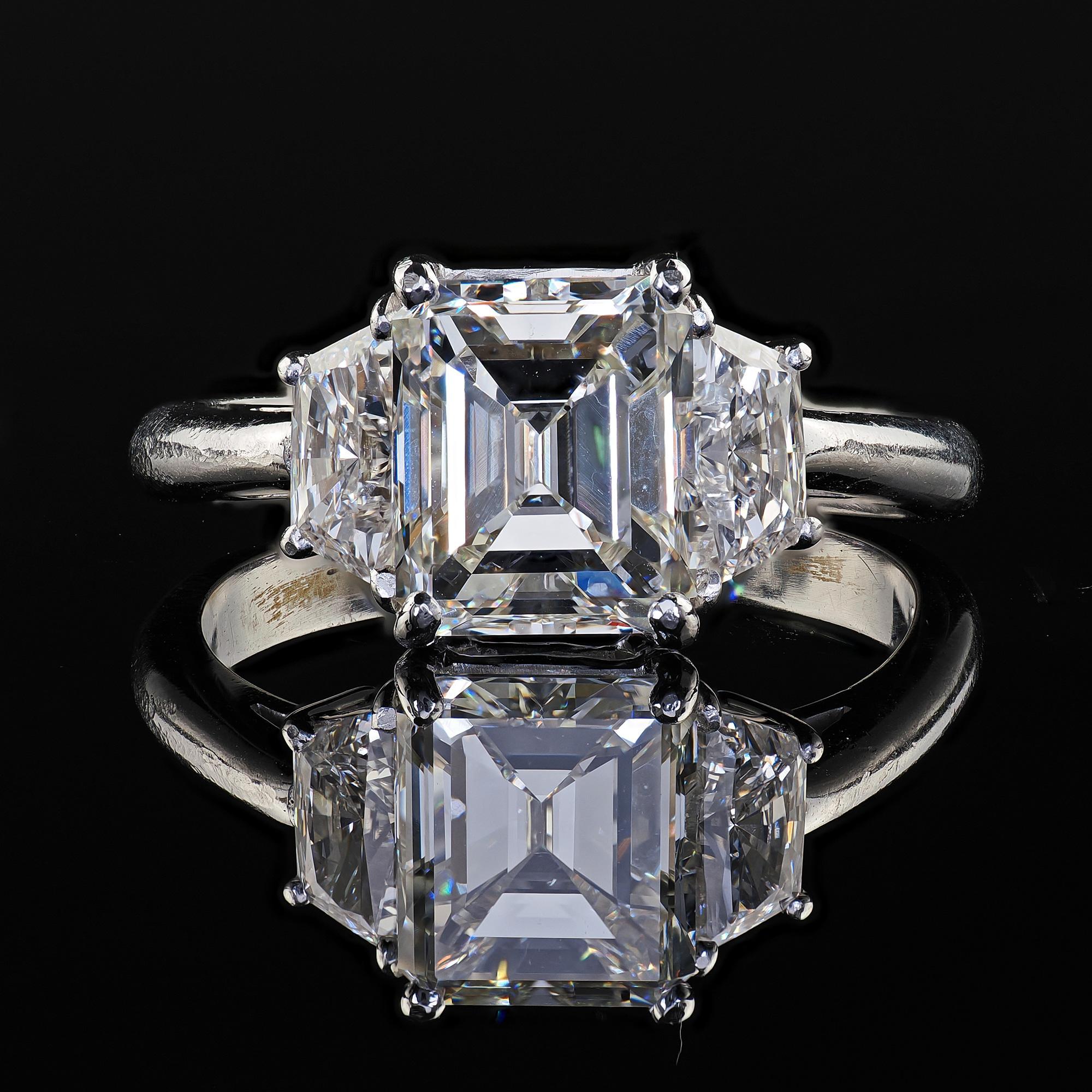 Vintage Estate Platinum Emerald Cut Diamond Three Stone Engagement Ring - GIA 3