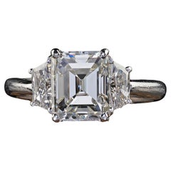 Vintage Estate Platinum Emerald Cut Diamond Three Stone Engagement Ring - GIA