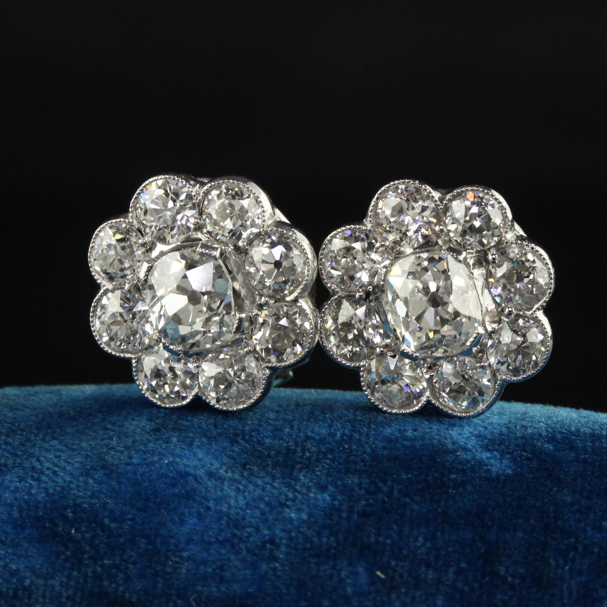 Vintage Estate Platinum Old Mine and Old Euro Cut Diamond Flower Cluster Earring In Good Condition In Great Neck, NY