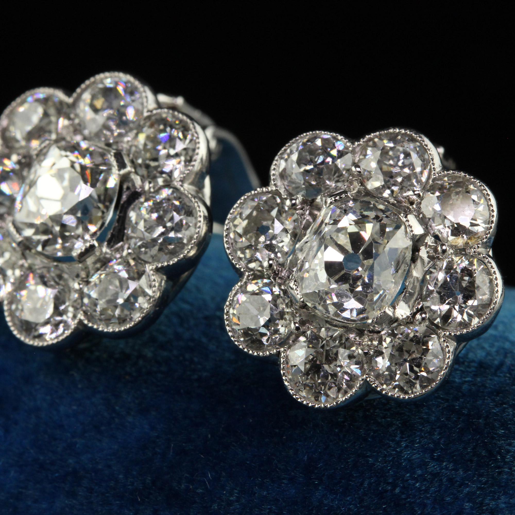 Women's Vintage Estate Platinum Old Mine and Old Euro Cut Diamond Flower Cluster Earring