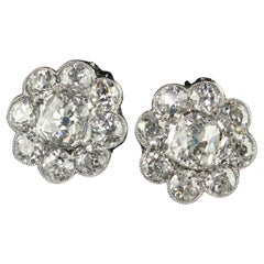 Vintage Estate Platinum Old Mine and Old Euro Cut Diamond Flower Cluster Earring