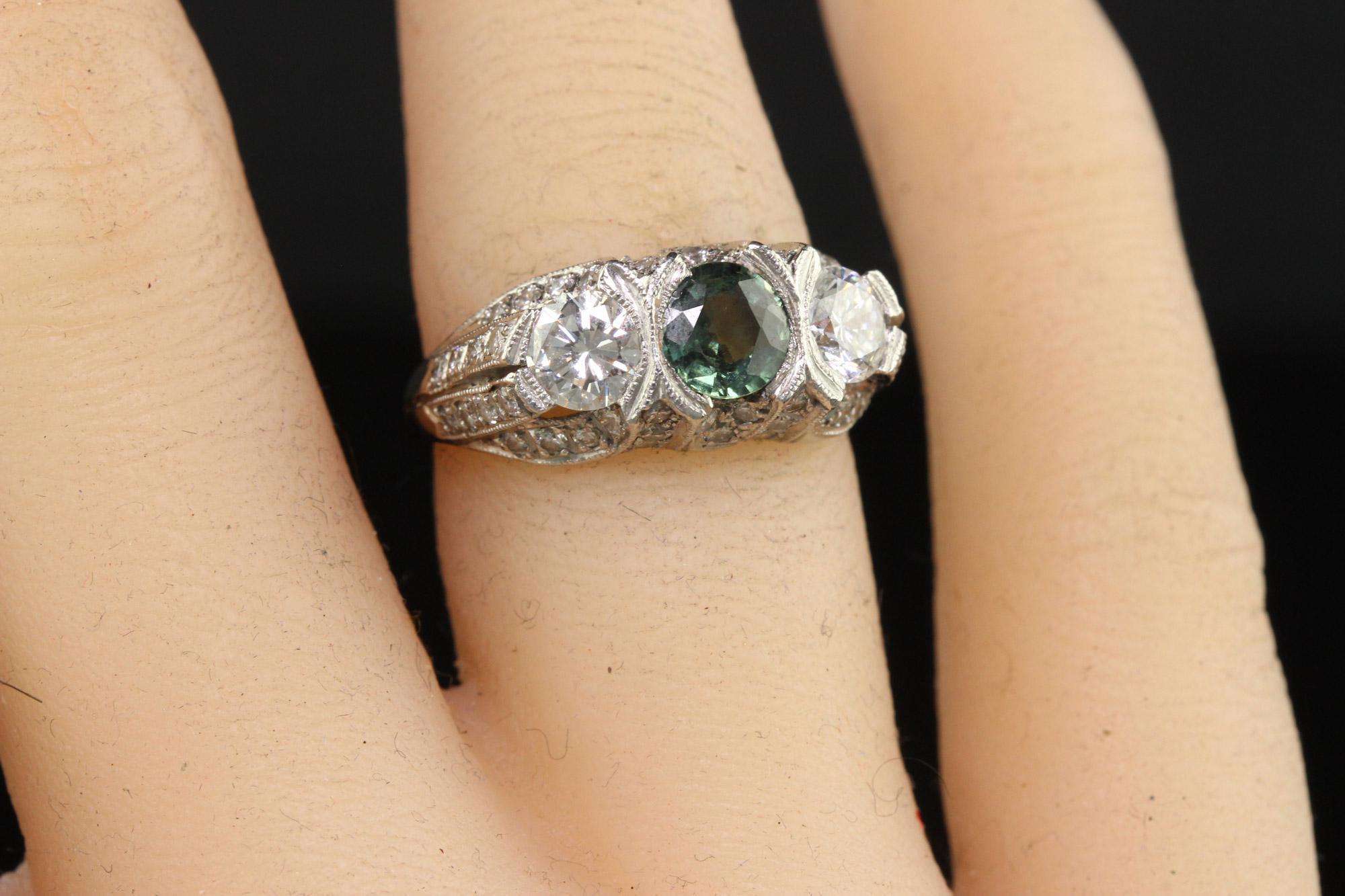 Vintage Estate Retro Platinum Diamond and Green Sapphire Three Stone Ring For Sale 5