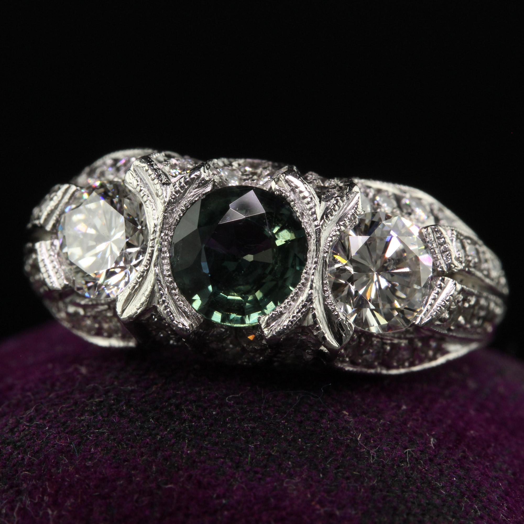 Round Cut Vintage Estate Retro Platinum Diamond and Green Sapphire Three Stone Ring For Sale