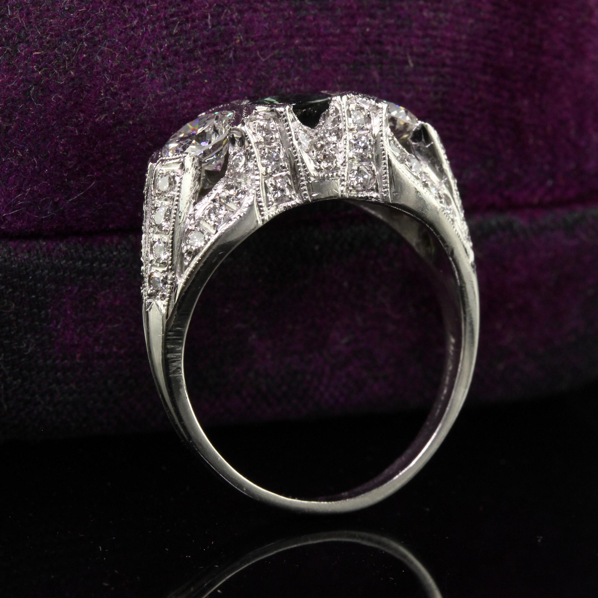 Women's Vintage Estate Retro Platinum Diamond and Green Sapphire Three Stone Ring For Sale