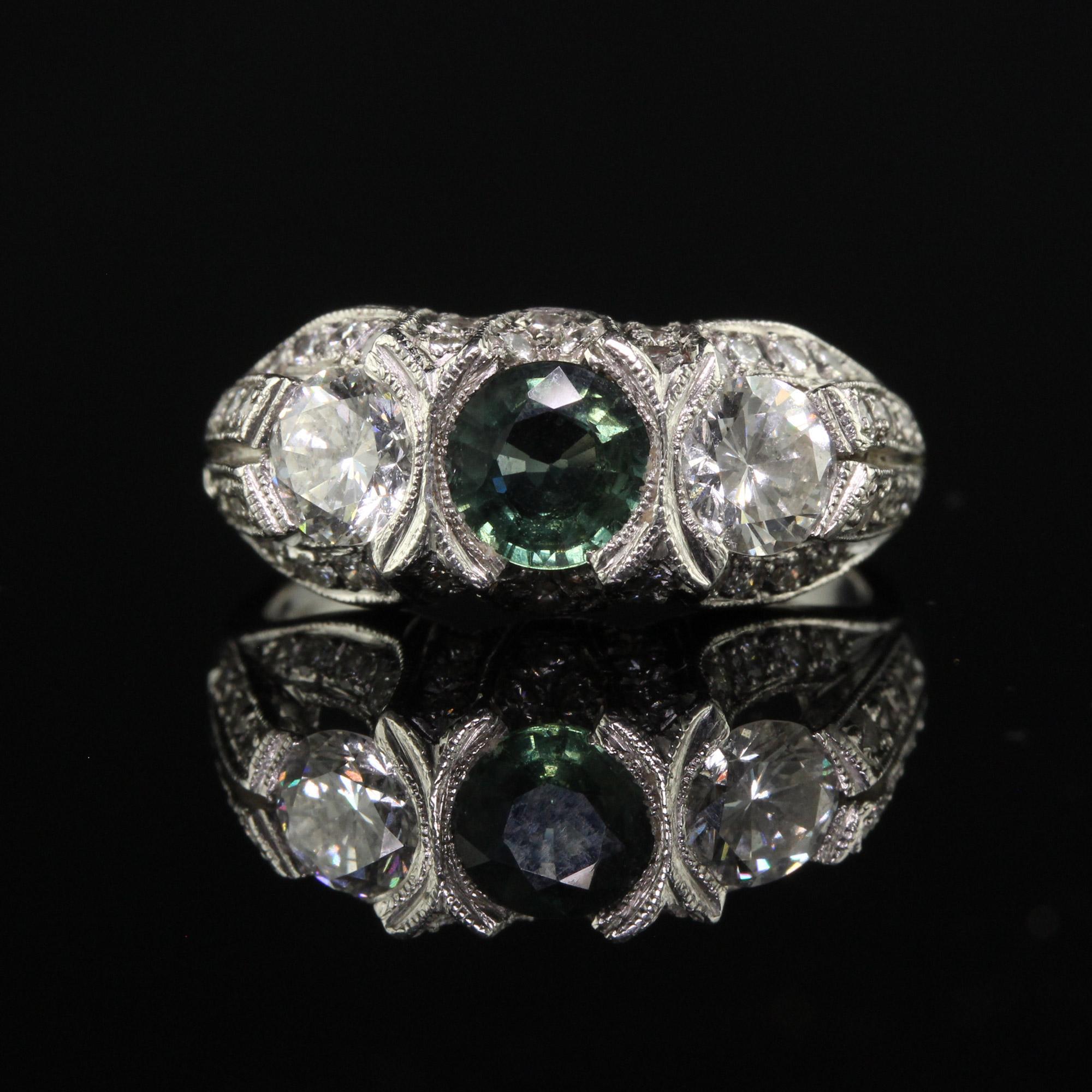 Vintage Estate Retro Platinum Diamond and Green Sapphire Three Stone Ring For Sale 2