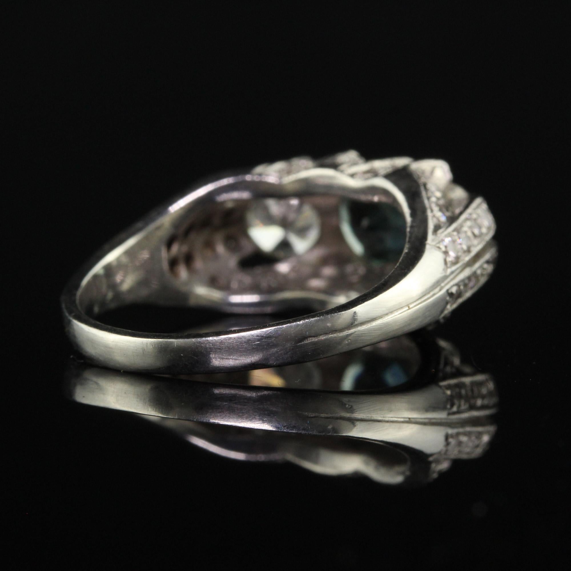 Vintage Estate Retro Platinum Diamond and Green Sapphire Three Stone Ring For Sale 3